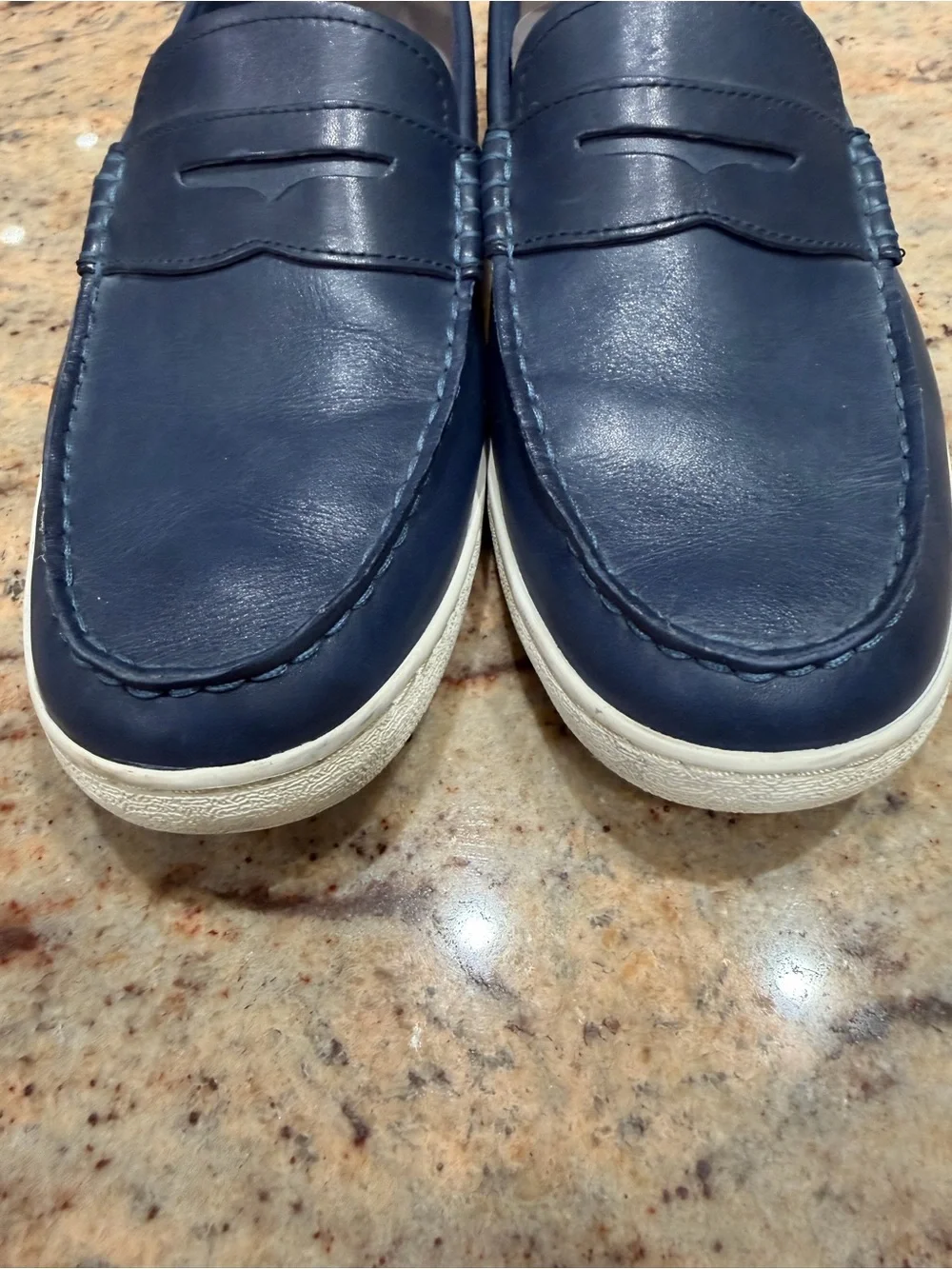 Cole Haan Navy Leather Slip-On Penny Loafers with White Sole